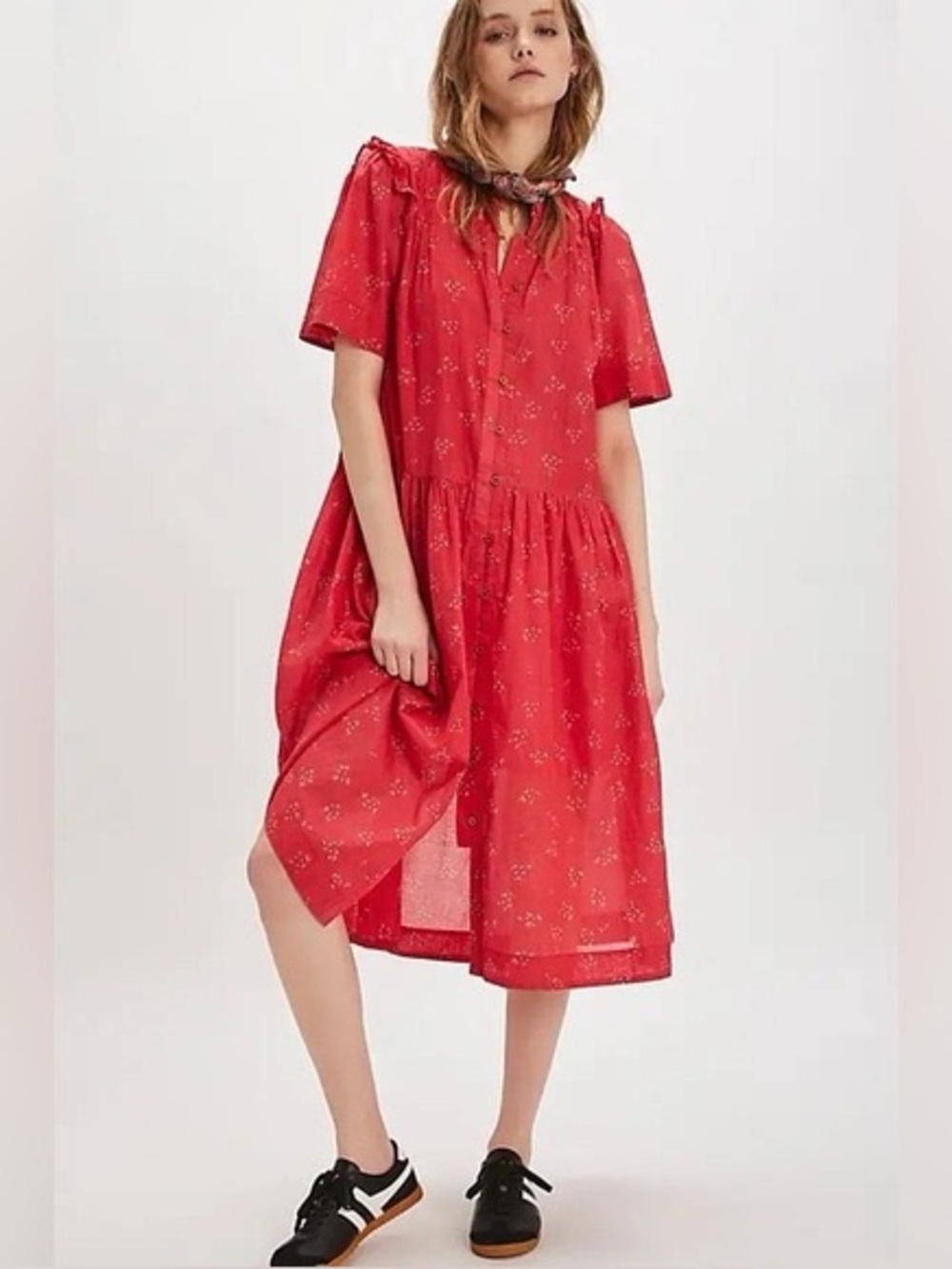 Anthropologie Red Floral Button-Down Midi Dress